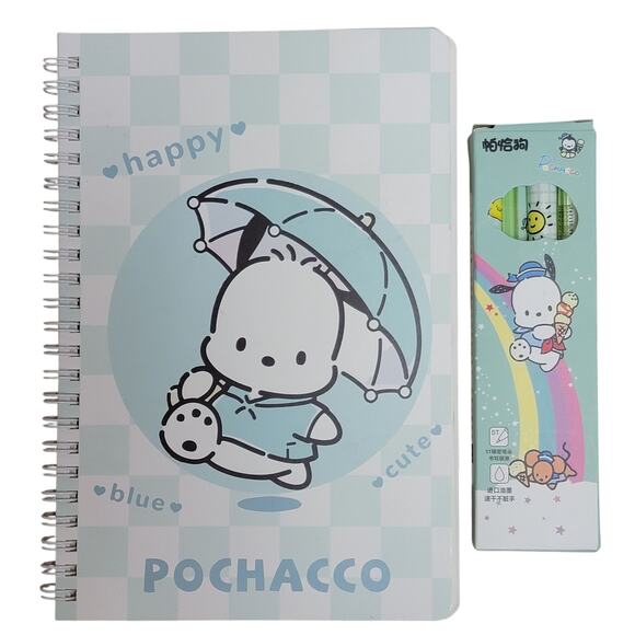 Pochacco Notebook & 4 Pens Set Sanrio Spiral Bound 5.5x8 Gift Stocking Stuffer - Picture 1 of 6